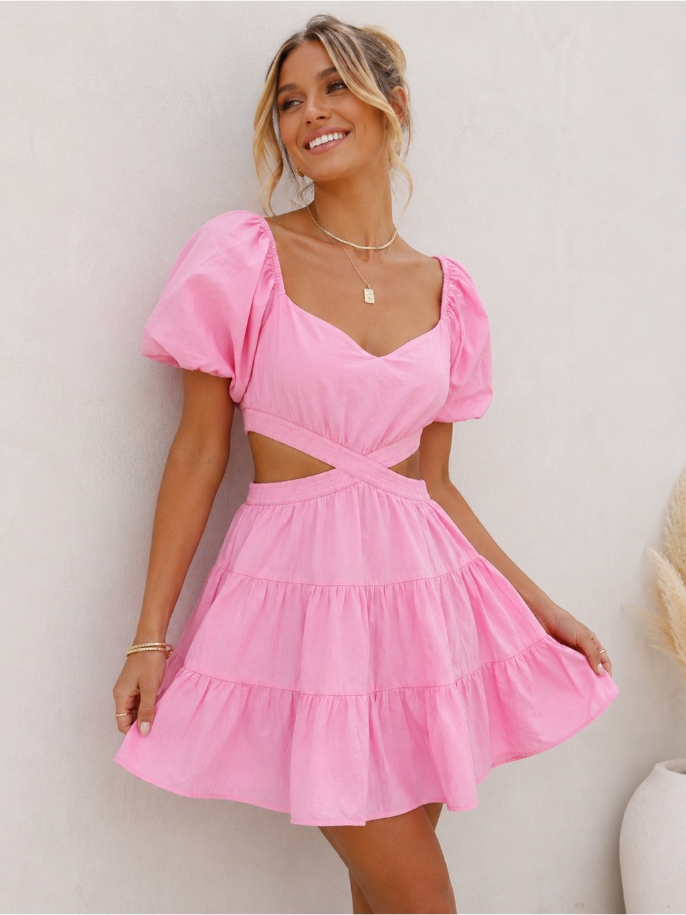 Chelsea Pink Cutout Puff Sleeve Tiered Mini Dress Size L 100% Cotton EUC